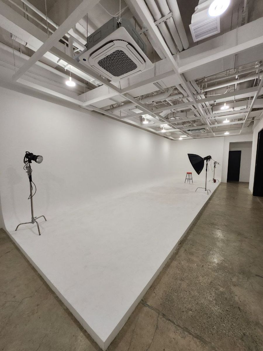 Studio lights set up on the cyclorama